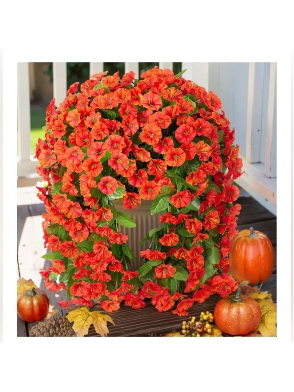 NEW 2PC Silk Faux Orange Morning Glory Hanging Floral Outdoor Trailing UV Resist